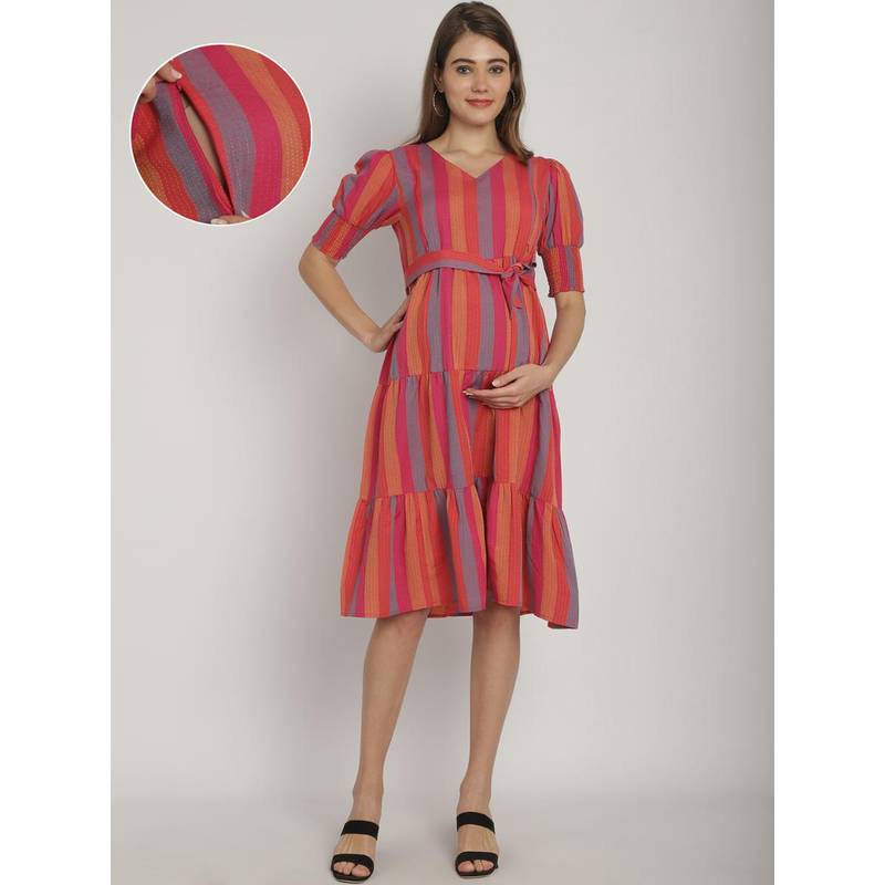Moms Maternity Womens Striped Organic Khadi Pink Maternity Midi Dress with Belt (Set of 2) (2XL)