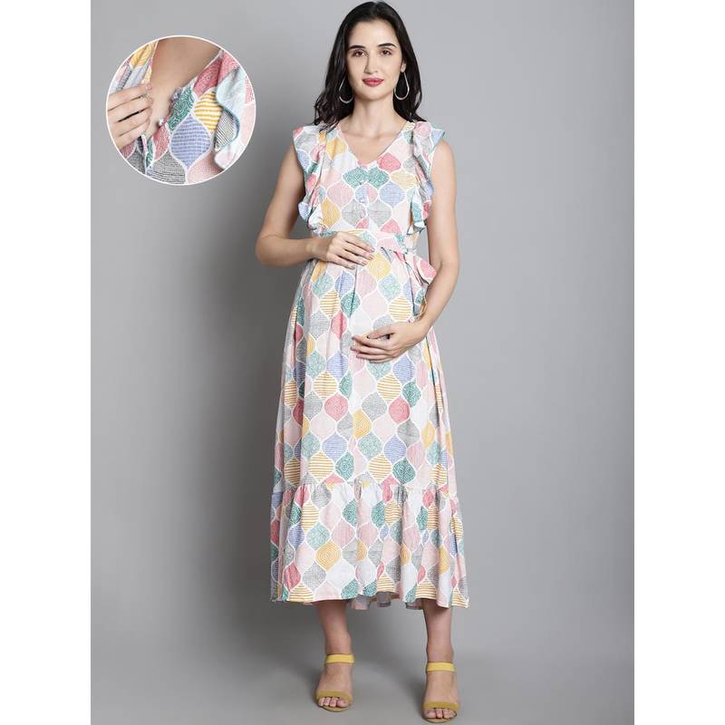 Moms Maternity Motifs Print Rayon Maxi Maternity Dress with Belt (Set of 2) (XL)