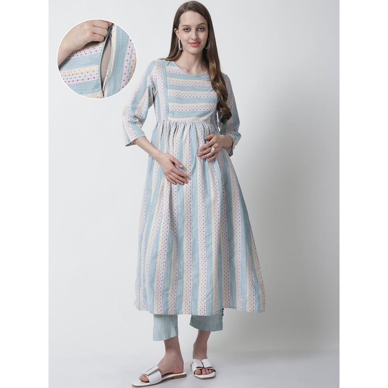 Embroidered Floral Foil Print Maternity & Nursing Kurta Set - Teal Green