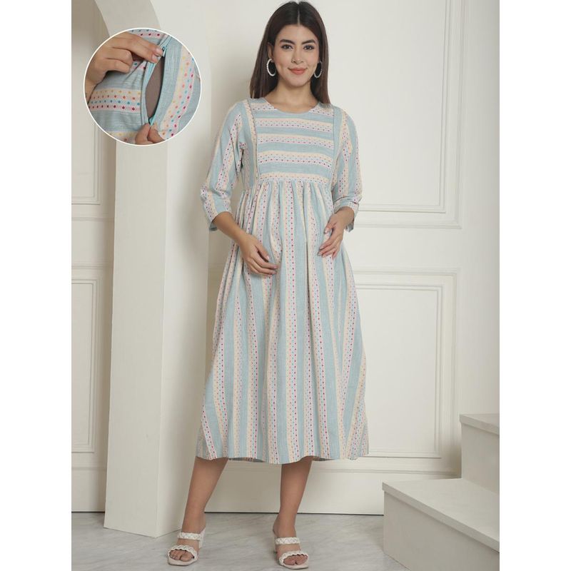 Moms Maternity Womens Ikkat Print Organic Khadi Cotton Green Maternity Dress (2XL)