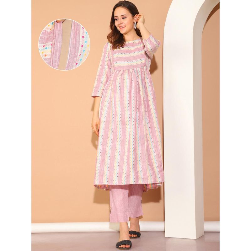 Moms Maternity Womens Ikkat Print Khadi Cotton Pink Maternity Kurta (XL)