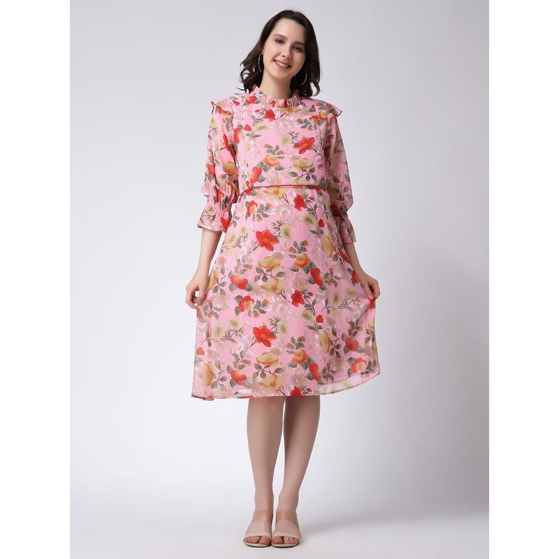 Moms Maternity Womens Georgette Floral Print Pink Midi Dress (2XL)