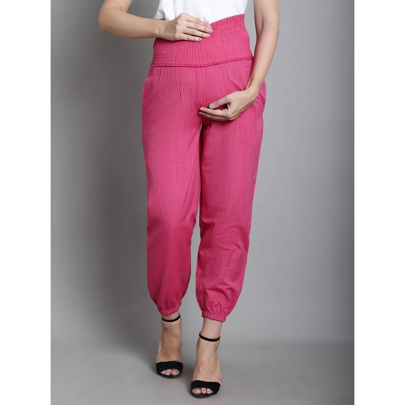 Moms Maternity Solid Pink Sustainable Cotton Ankel Length High Rise Maternity Trouser (M)