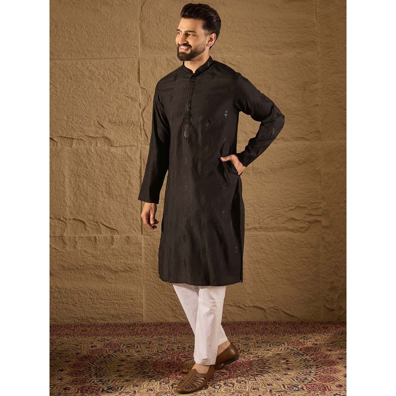 ETHNIC BAY Men Black Viscose Rayon Embroidered Straight Kurta with Pant (L)