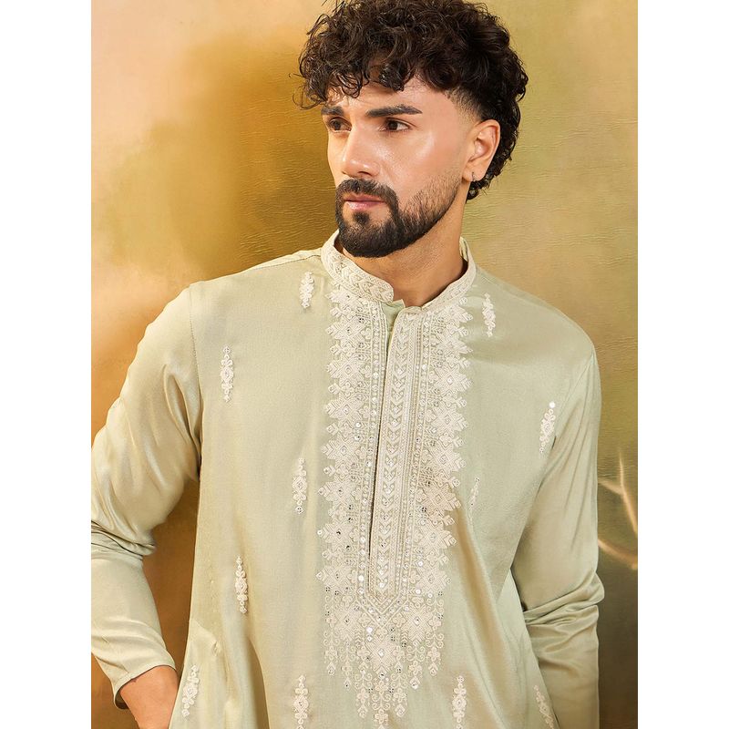 ETHNIC BAY Men Green Silk Blend Embroidered Straight Kurta with Pant (XL)