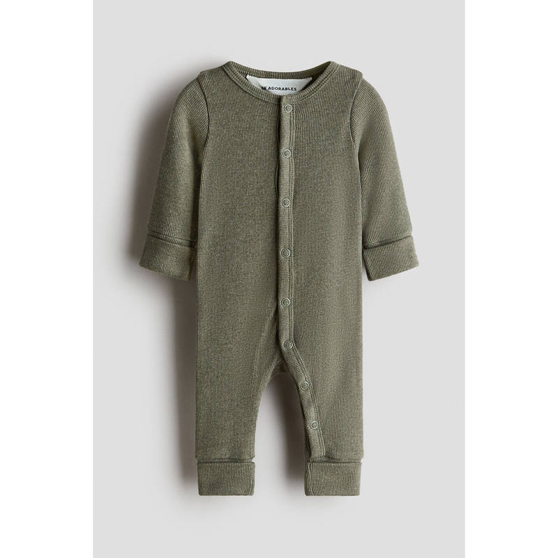 H&M Unisex Green Ribbed cotton romper suit (0-1 Months)