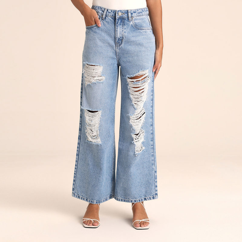 Twenty Dresses by Nykaa Fashion Light Blue Wide Leg High Waist Ripped Denim (26)