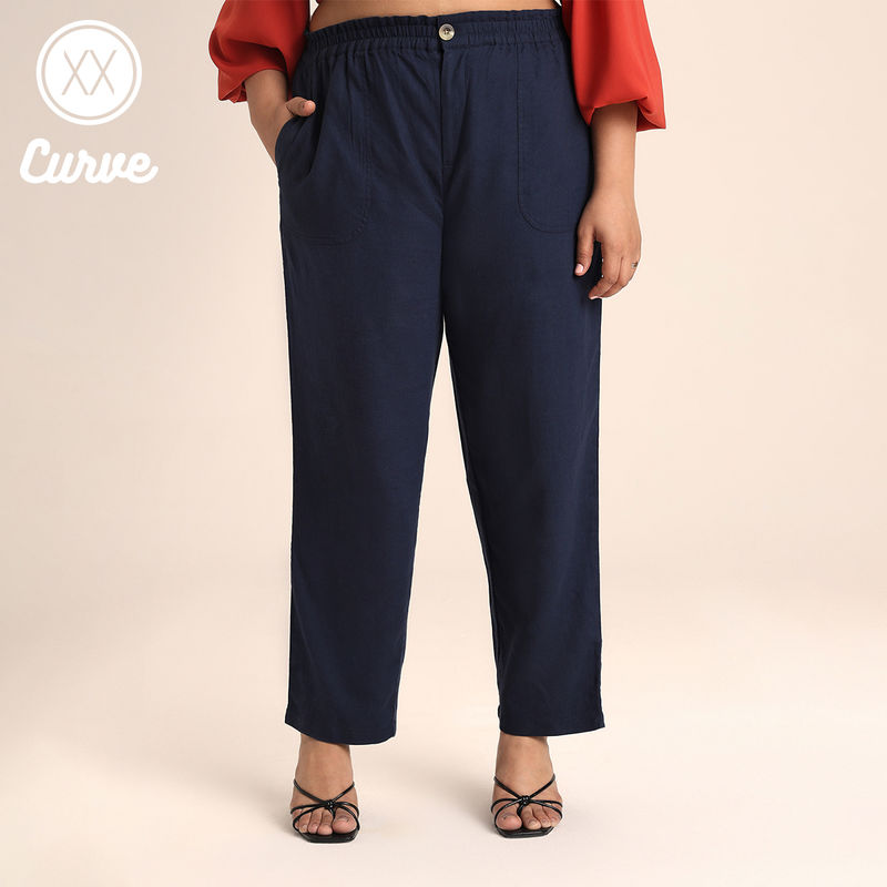 Twenty Dresses by Nykaa Fashion Curve Navy Blue Solid High Waist Straight Fit Trousers (40)