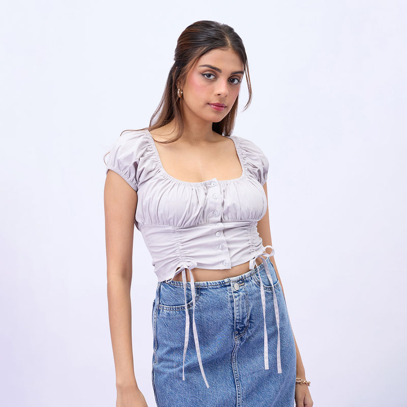 MIXT by Nykaa Fashion Grey Solid Square Neck Puff Sleeves Crop Top (XS)