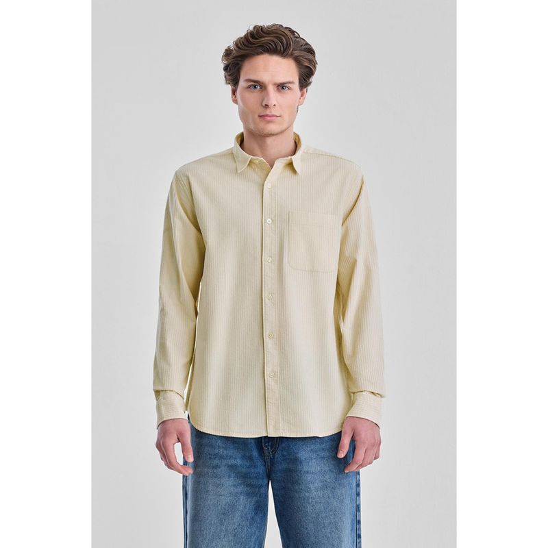 Snitch Light Yellow Textured Full Sleeves Regular Luxe Shirt (M)
