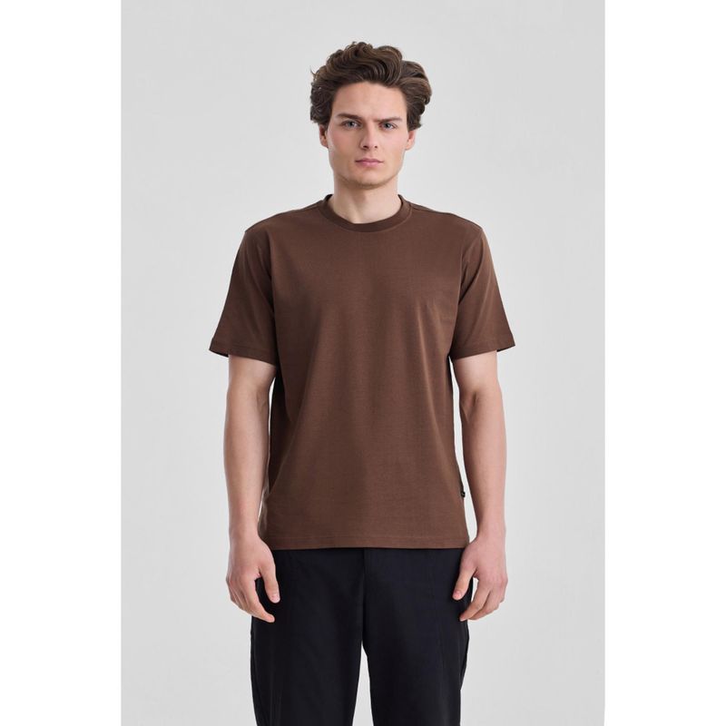 Snitch Brown Solid Half Sleeves Regular Casual T-shirt (M)