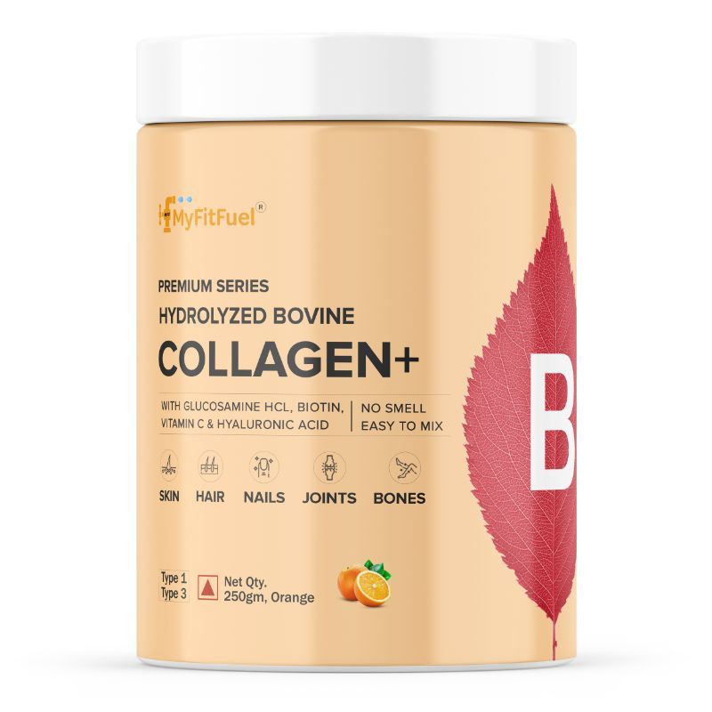 MyFitFuel Hydrolyzed Bovine Collagen +Hyaluronic Acid Biotin Vitamin C. Skin Hair Nails Orange(250g)