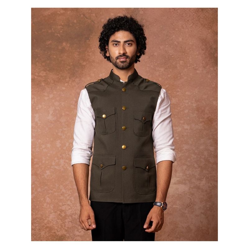 Lightpole Green Utility Nehru Jacket with Gold Buttons (L)