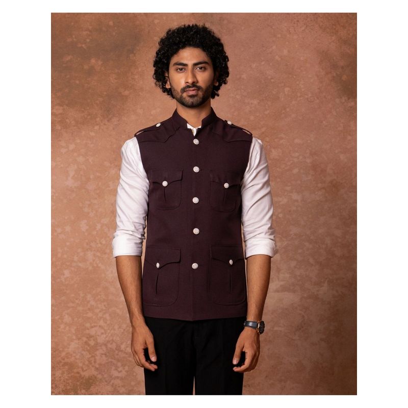 Lightpole Wine Utility Nehru Jacket with Contrast Buttons (M)