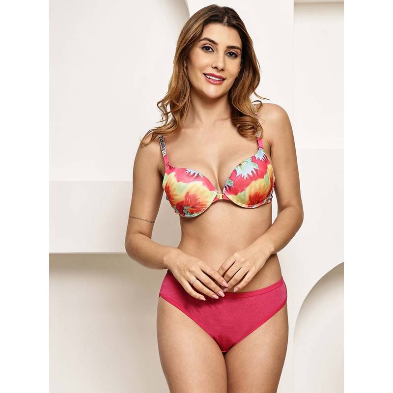 PrettyCat Front Open Multiway Pushup Bra Panty Set with Rhinestone Strap (34B)