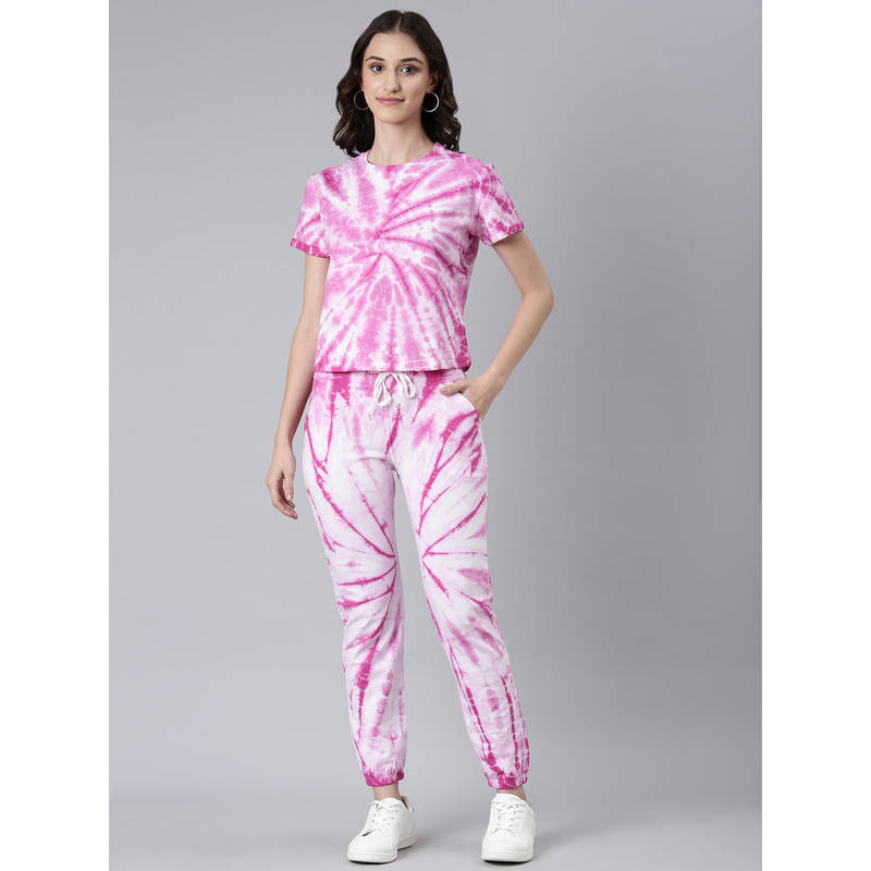 SHOWOFFFF Women Short Sleeves Tie and Dye Round Neck Knitted Pink Tracksuit (M)