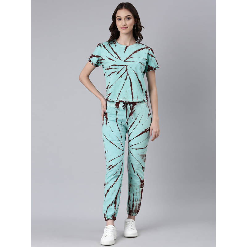 SHOWOFFFF Women Short Sleeves Tie and Dye Round Neck Knitted Sea Green Tracksuit (L)