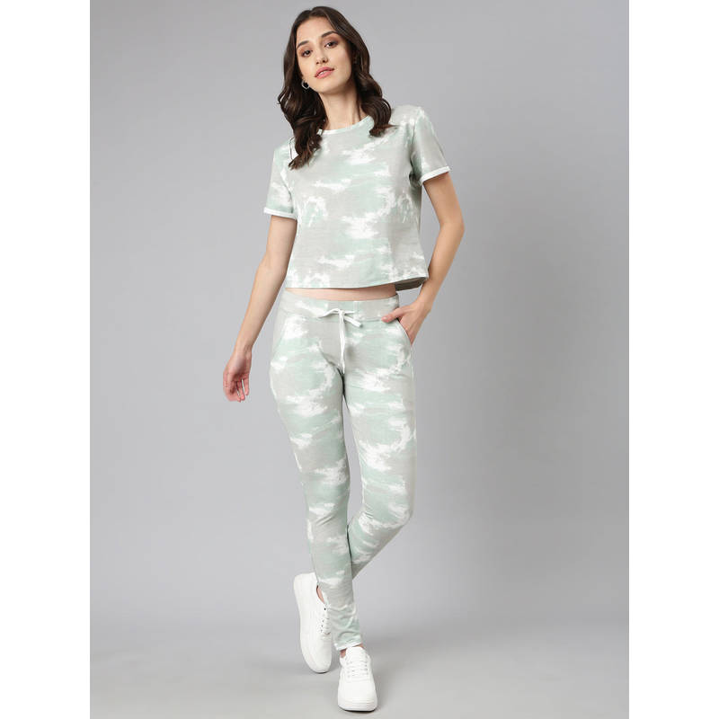 SHOWOFFFF Women Short Sleeves Tie and Dye Round Neck Knitted Sea Green Tracksuit (L)