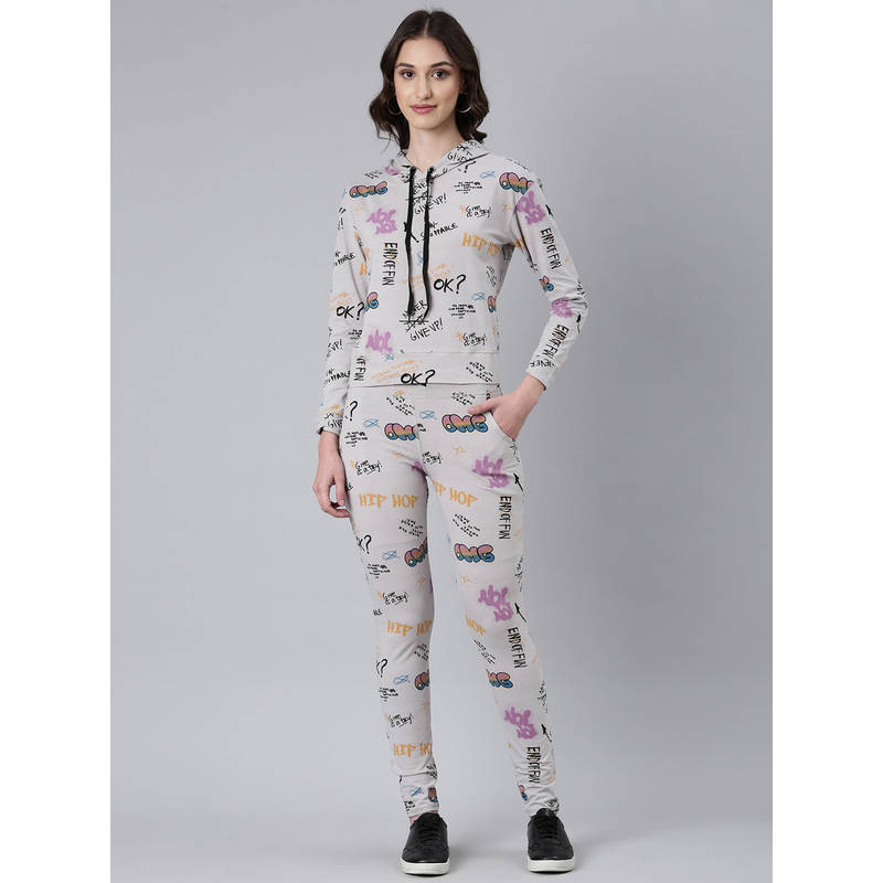 SHOWOFFFF Women Long Sleeves Typography Hooded Knitted Grey Tracksuit (M)