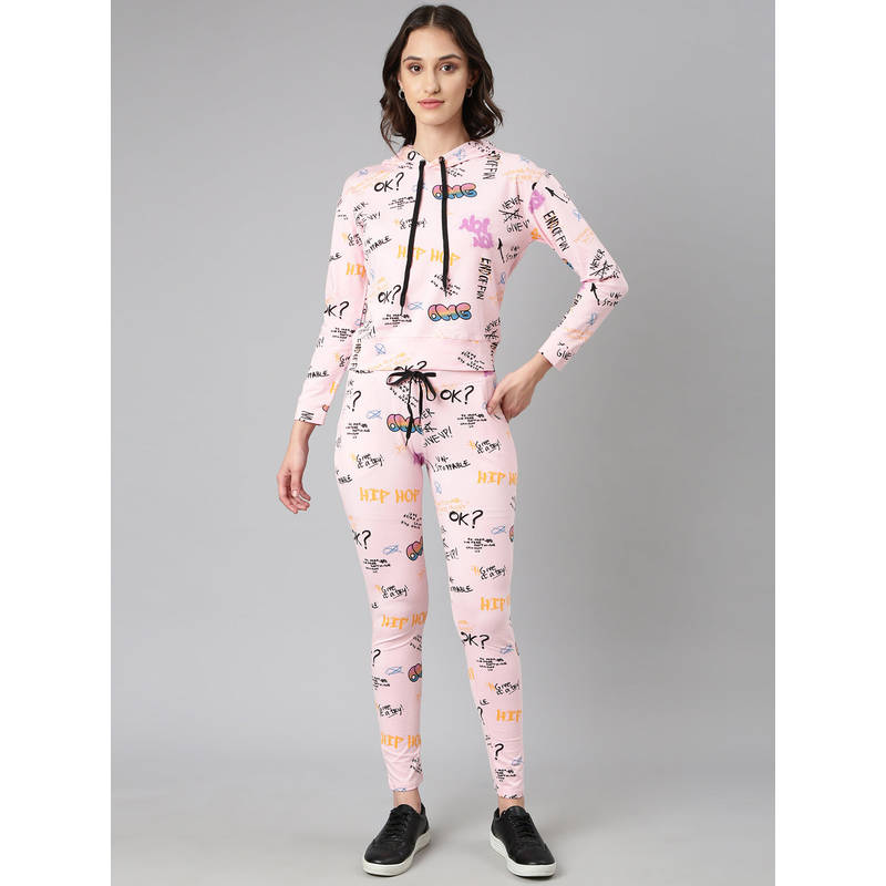 SHOWOFFFF Women Long Sleeves Typography Hooded Knitted Pink Tracksuit (S)