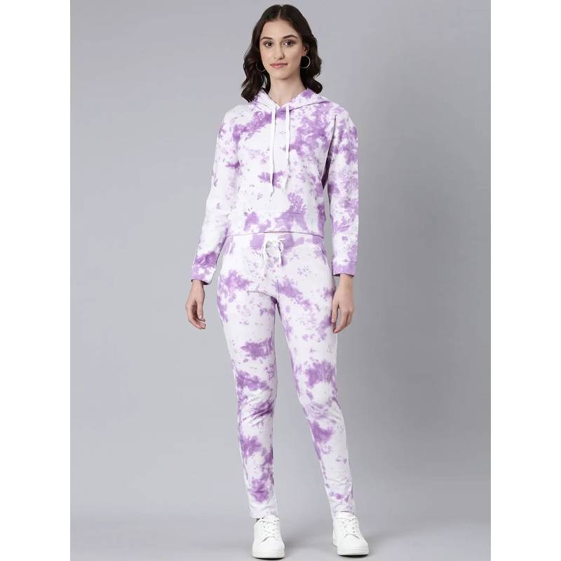 SHOWOFFFF Women Long Sleeves Tie and Dye Hooded Knitted Lavender Tracksuit (M)