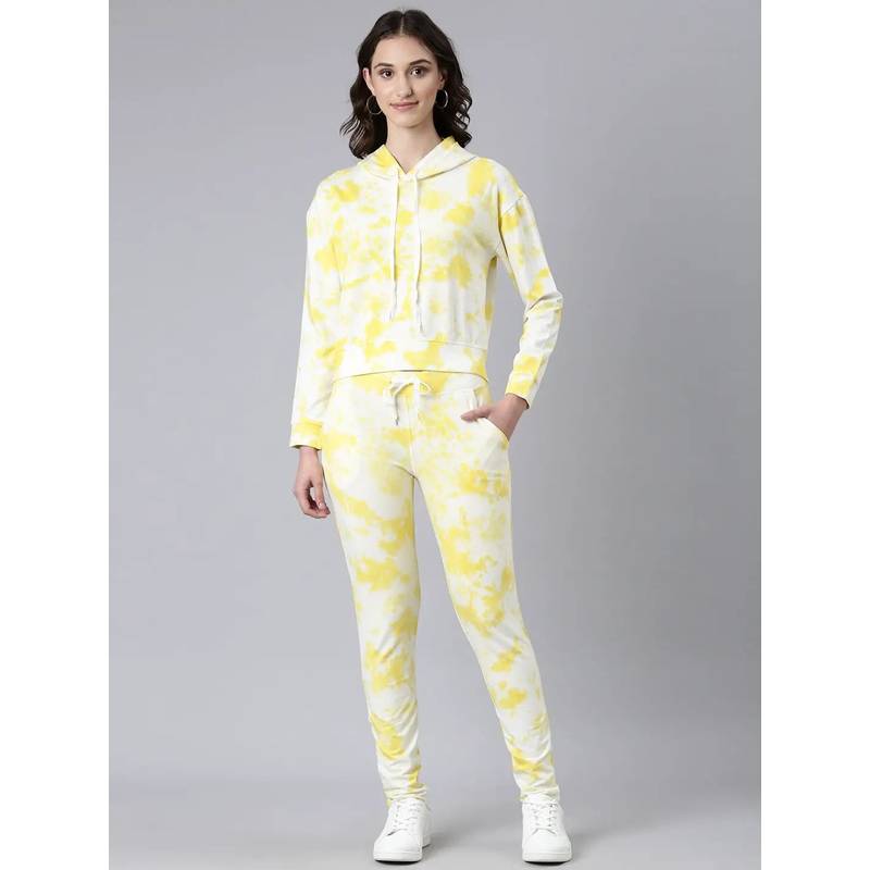 SHOWOFFFF Women Long Sleeves Tie and Dye Hooded Knitted Yellow Tracksuit (S)
