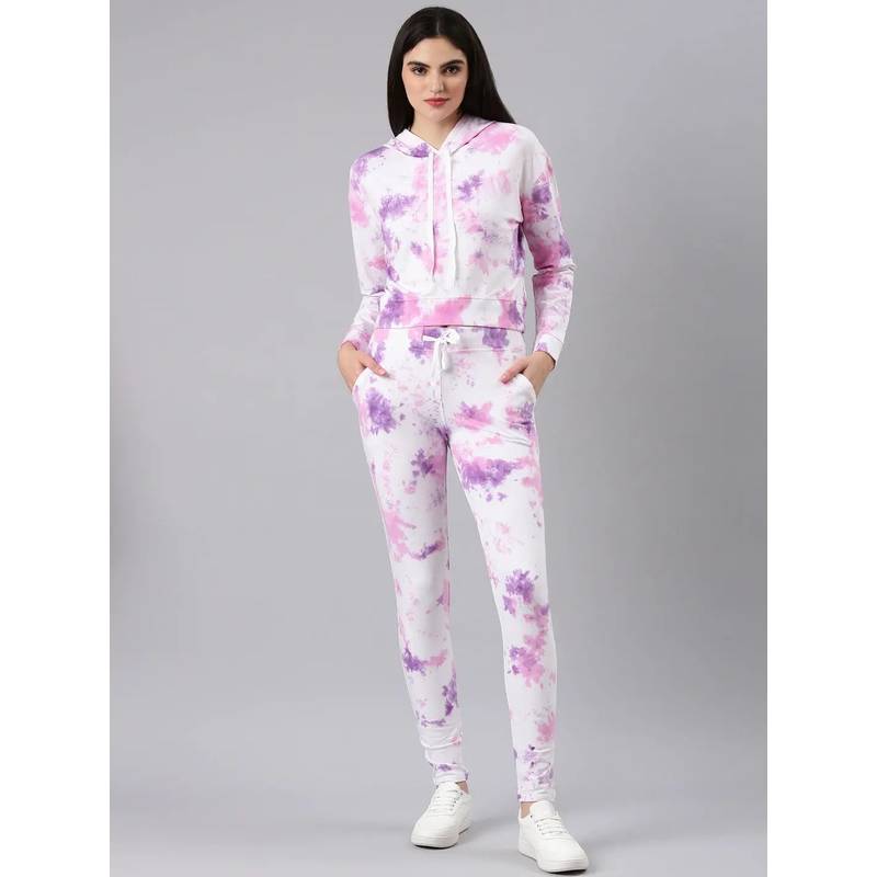 SHOWOFFFF Women Long Sleeves Tie and Dye Hooded Knitted Lavendor Tracksuit (M)
