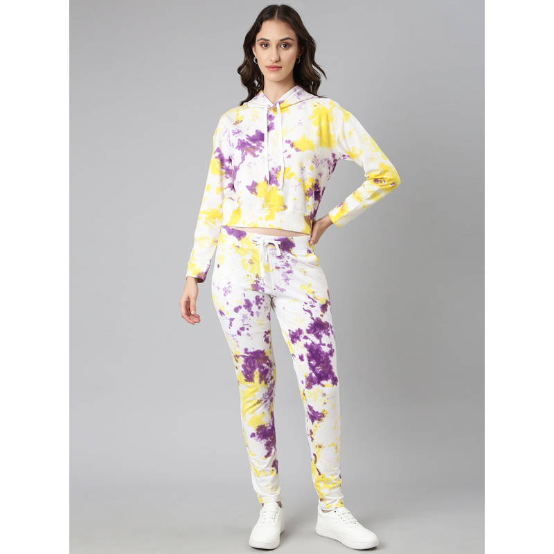SHOWOFFFF Women Long Sleeves Tie and Dye Hooded Knitted White Tracksuit (M)