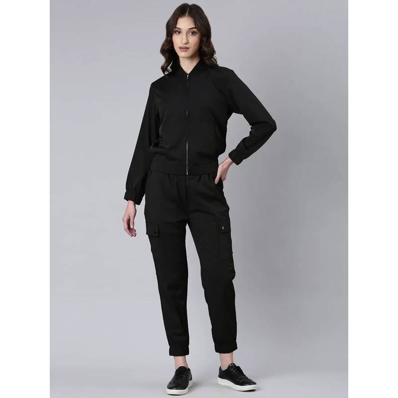 SHOWOFFFF Women Long Sleeves Solid Mandarin Collar Black Tracksuit (L)
