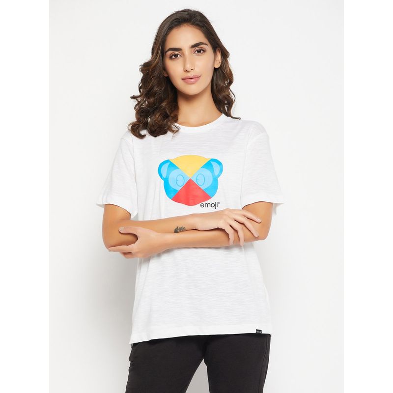Clovia Emoji Print T-Shirt in White - 100% Cotton (M)