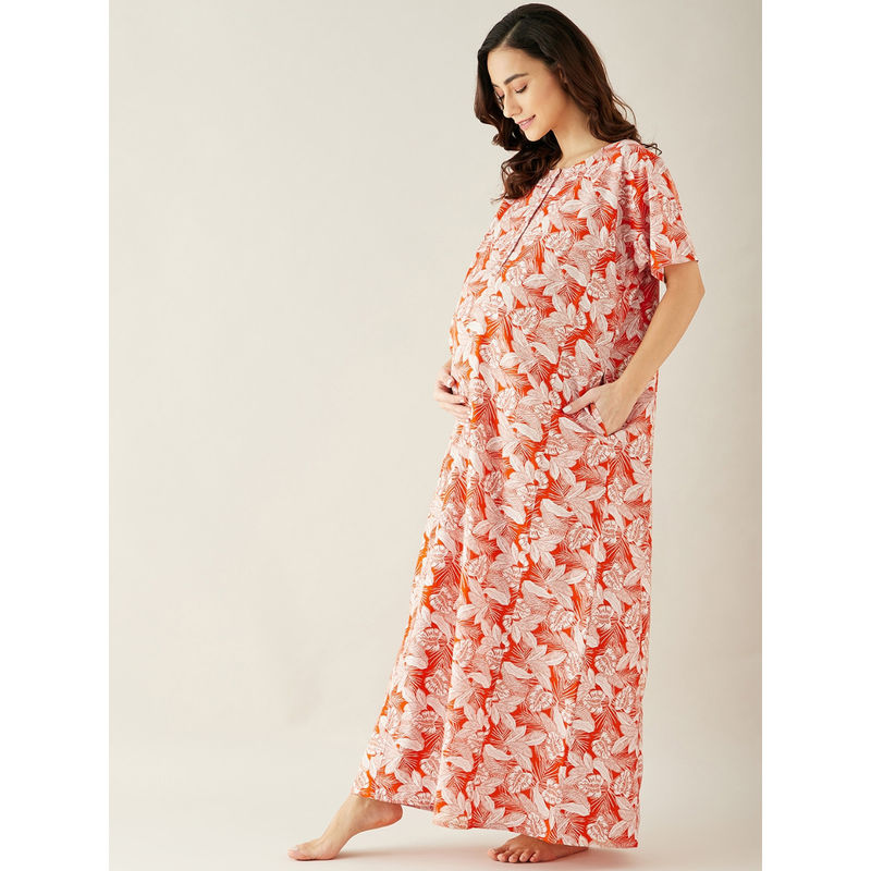 The Kaftan Company Orange and White Tropical Print Maternity Nightdress (S)