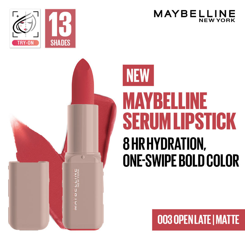Maybelline Serum Matte Lipstick - 8Hr hydration, One-Swipe Bold Color - 003 Open Late