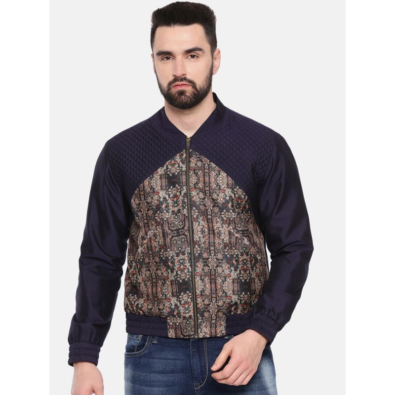 MAYANK MODI Quilted Blue Beige Bomber Jacket (S)