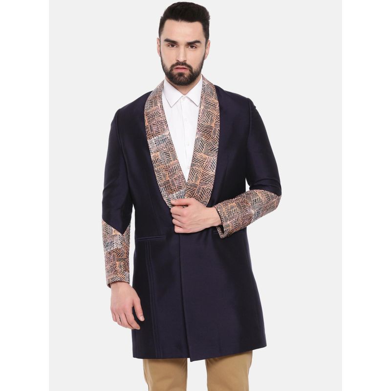 MAYANK MODI Blue Silk Linen Long Trench Coat (S)