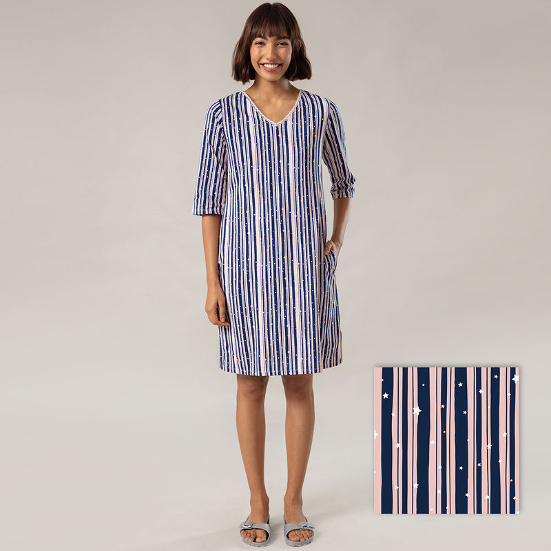 Nykd by Nykaa Super Fine Sleep Dress In Cosy Cotton - NYS009 Stripe Print (S)