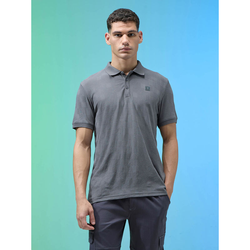 Technosport Men Charcoal Self Design Sports Polo T-Shirt (M)