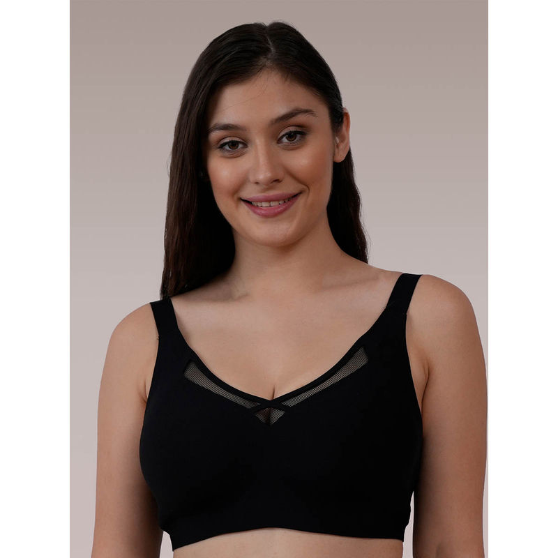 SOIE Women Padded Non-Wired Full Coverage Bonded T-Shirt Bra with Mesh Detailing Black (M)