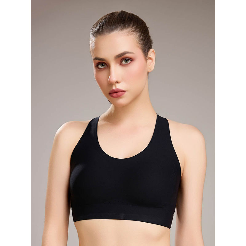 SOIE Women Padded Non Wired Full Coverage Seamless Sports Bra with Criss-Cross Back Black (XL)
