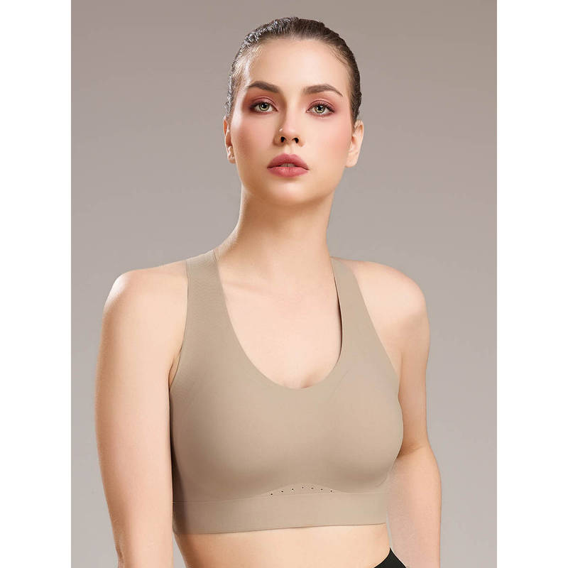 SOIE Women Padded Non Wired Full Coverage Seamless Sports Bra with Criss-Cross Back Brown (XL)