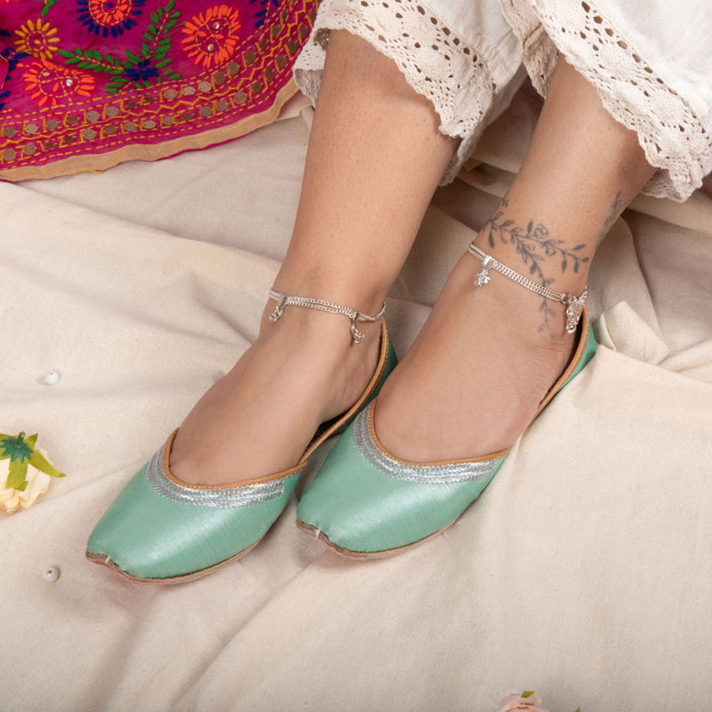 YASSIO Green Handcrafted Sea Green Shimmering Tissue & Silver Accents Juttis (EURO 36)