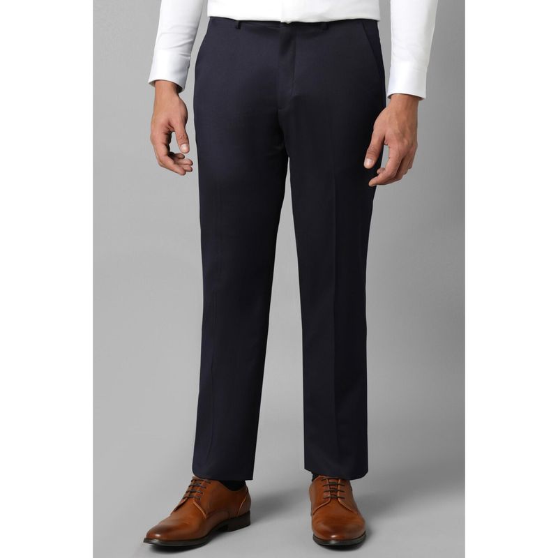 Buy Louis Philippe Men Navy Blue Regular Fit Solid Flat Front Trouser ...