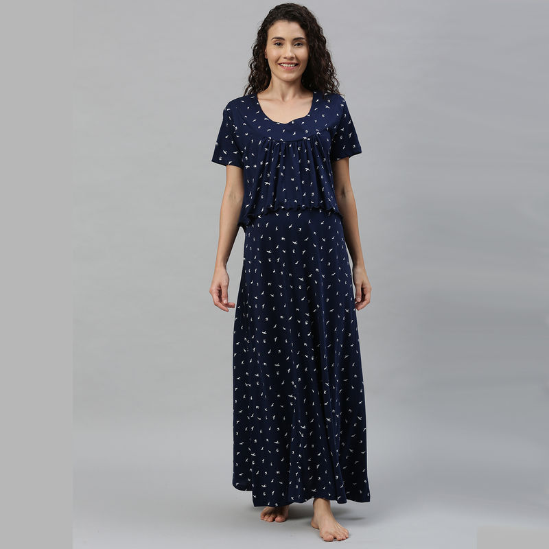Nejo Bird Printed Front Zipper Feeding Nighty - Blue (S)