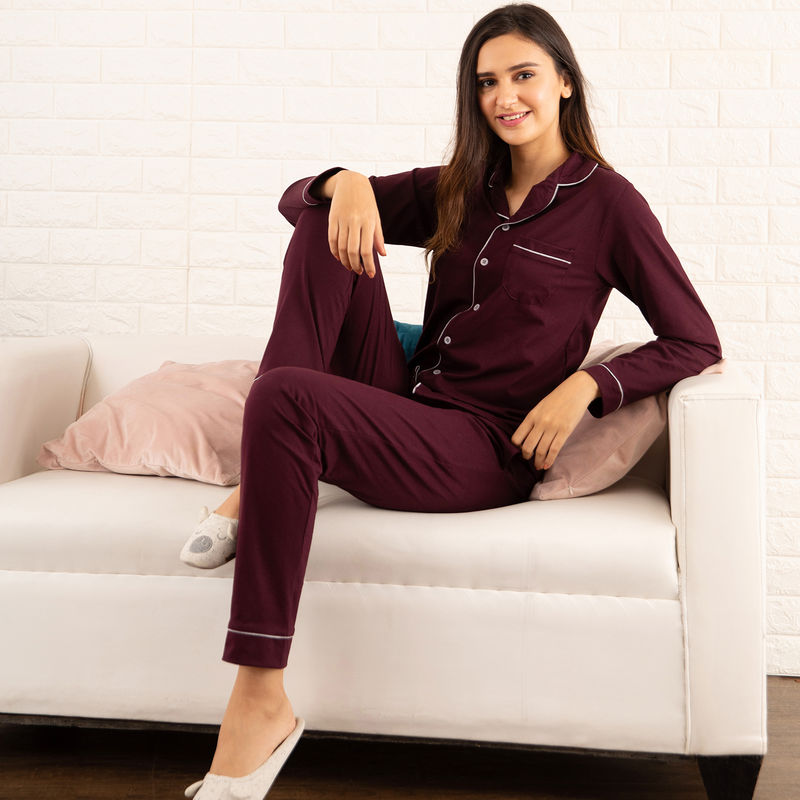 Buy Nite Flite Classic Wine Premium Cotton Pajama Set Online