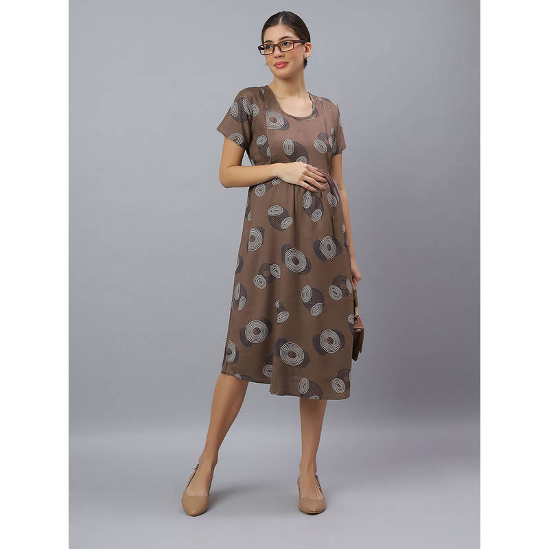 Mamma's Maternity Brown Cotton Printed Maternity-Feeding Short Night Dress (M)