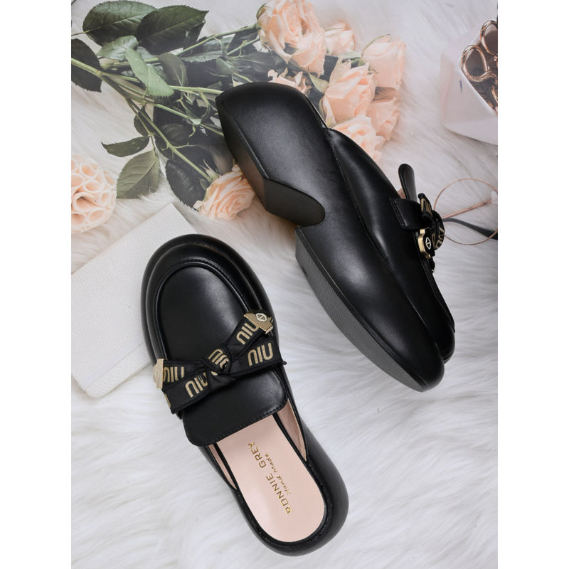Ronnie Grey Women Black Solid Bow Heeled Mules (EURO 39)