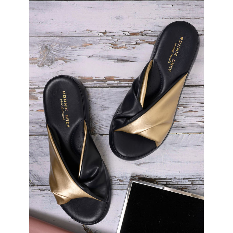 Ronnie Grey Women Black & Gold Solid Sandals (EURO 41)