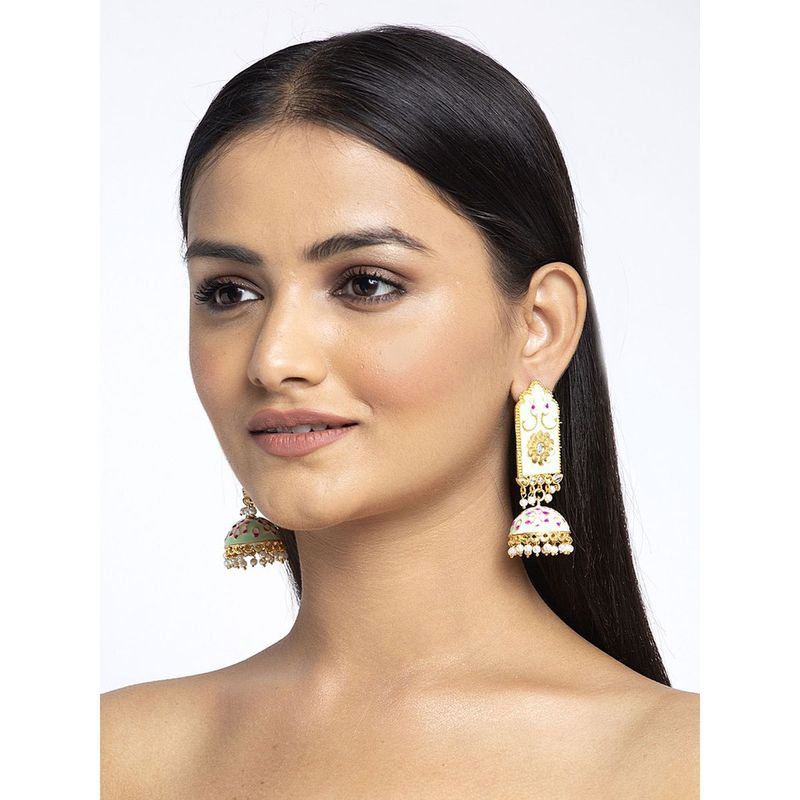 Moedbuille Kundan Studded Handpainted Sea Green Meenakari Gold Plated Handcrafted Brass Jhumkas