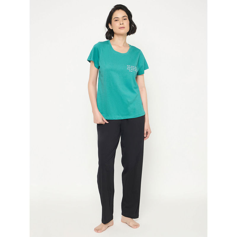 Clovia Teal Cotton Printed T-shirt and Pyjama (Set of 2) (M)