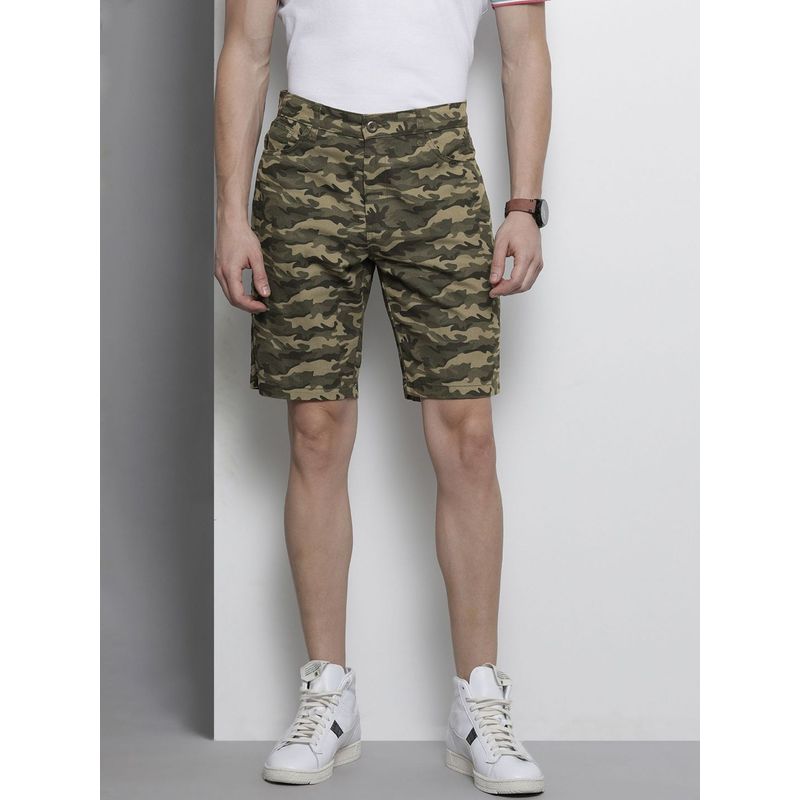 The Indian Garage Co Men Olive Slim Fit Camouflage Mid-Rise Shorts (30)
