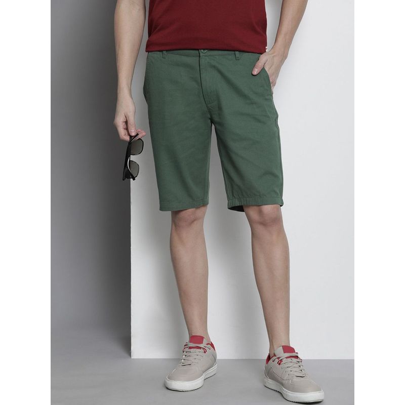 The Indian Garage Co Men Green Slim Fit Solid Mid-Rise Shorts (34)